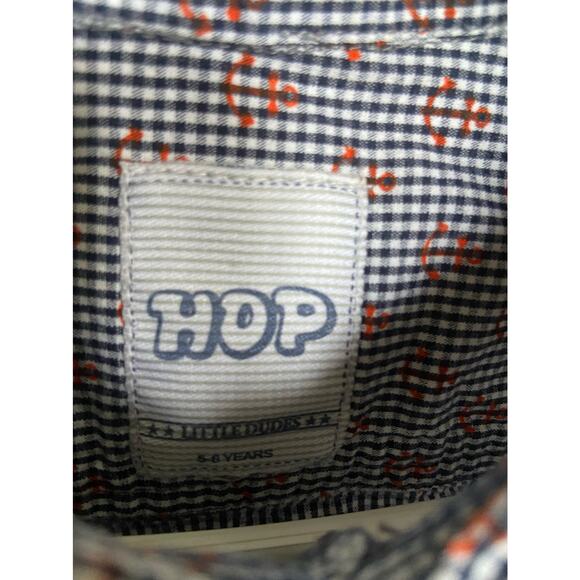 Hop‎ Little Dudes Boys Shirt 5 6 Anchor Print Gingham Roll Tab Sleeves Blue Red - Picture 6 of 7